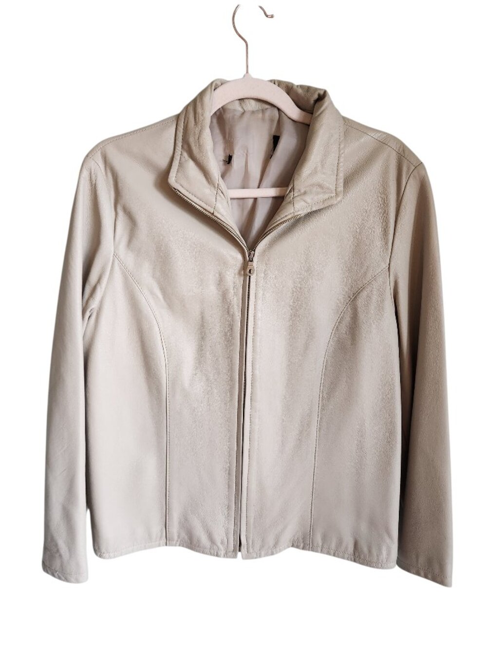 Vera Pelle Leather Jacket Women's Large Vintage Cream Beige Zip Up Made in Italy